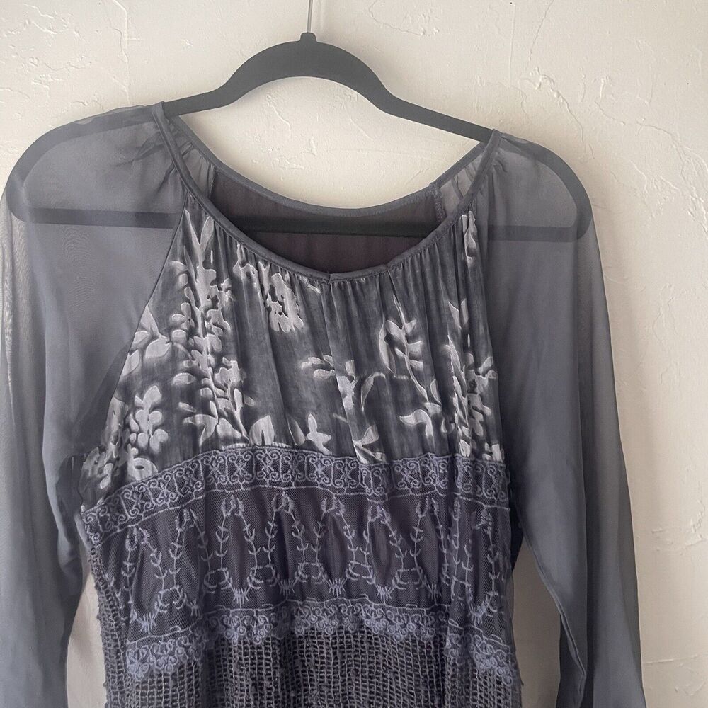Women's Medium Blue Waffle Floral Boho‎ Chiffon Fairy Feminine Danity Top